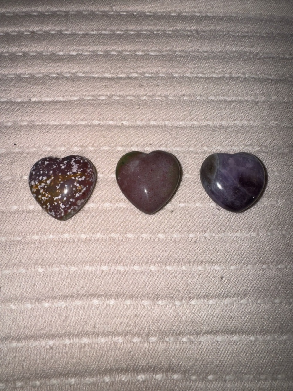 Heart-Shaped Polished 2 Ocean Jasper and Amethyst Trio - Brown, Green, Purple